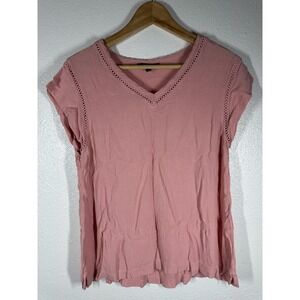 Buffalo David Bitton Shirt Womens Large Pink V Neck Crochet Trim Cap Sleeve Top